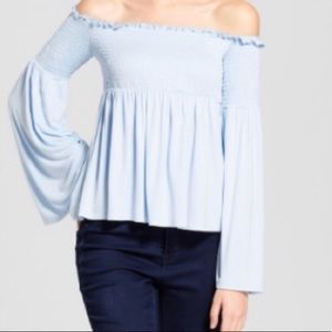 Smocked Off the Shoulder Baby Blue Bell Sleeve Top